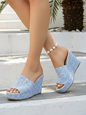 economico Sandali con zeppa-sandali con zeppa da donna in denim azzurro chiaro: eleganti sabot con plateau per resort all'aperto, vacanze estive e relax in hotel