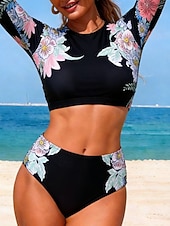 tanie Zestawy bikini-Damskie Stroje kąpielowe Bikini 2 szt Majtki Kostium kąpielowy Szczupła Odkryte plecy Urlop Stroje plażowe Kwiaty Okrągły dekolt Długi rękaw Kostiumy kąpielowe