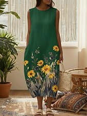 economico Abiti floreali-Per donna Abito Midi Finto cotone e lino Vestito Casual Vestito Estivo Abito a Tubino Vintage Quotidiano All'aperto Vacanza Vestibilità regolare Floreale Girasole Senza Maniche Girocollo Blu Giallo