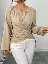 cheap Plain Blouses-Women's Blouse Ruched Plain Elegant Stylish Basic Long Sleeve Crew Neck Regular Tops Daily Streetwear Black Pink Wine Green Khaki Spring Fall
