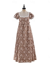 preiswerte Kleid-Retro Vintage Mittelalterlich Renaissance Bodenlang Kleid Ballkleid Kleid im Regency-Stil Puffärmel / Ballon Jacquard Blumen Kostüm Damen Halloween Karneval Abschlussball Hochzeit Maskerade Erwachsene
