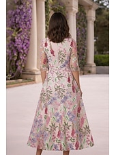 abordables Cocktailjurken-A-Line Tea Length Cocktail Dresses Elegant Vintage Floral Half Sleeve V Neck Garden Party Wedding Lace with Embroidered Flower Embroidery Pocket