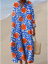 cheap Boho Dress-Women's Maxi Dress Shift Dress Vacation Casual Going out Loose Fit Floral Graphic Long Sleeve V Neck Blue Yellow Orange Light Blue-White Summer Spring