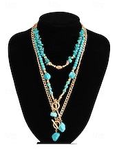 preiswerte Halskette für Damen-Boho-Chic-Schmuckset für Damen, bestehend aus mehrlagigen Halsketten aus einer Legierungskette und türkisfarbenen Perlenanhängern – Vintage-Schmuck für Damen, perfekt für Alltag, Urlaub, Strand und Partys.