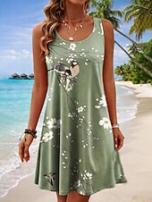 baratos Vestidos Florais-Mulheres Minivestido Vestidos Para o Verão Vestido A Line Vestido de verão Férias Casual Boho Praia Festa Casamento Normal Gráfico Animal Sem Manga Decote U Scoop pescoço Azul Branco Laranja Verde