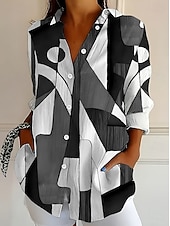 tanie Pasiaste i geometryczne bluzki-Damskie Koszula Bluzka Niejednolita całość Guziki Nadruk Graficzny Geometryczny Kratka Zabytkowe Tropikalny Codzienny Długi rękaw Kołnierzyk koszuli Zwykłe topy Codzienny Niebieski Czarny Biały Żółty