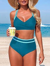 economico Bikini-Per donna Costumi da bagno Bikini Due pezzi Mutande Costume da bagno Controllo della Pancia Vita alta Snello Senza schiena Vacanza Abbigliamento da Spiaggia A righe Scollo a V Senza Maniche Costumi