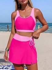 abordables Conjuntos de bikini-Mujer Bañadores Bikini 2 piezas Falda Traje de baño Control de barriga Alta cintura Delgado Espalda al Aire Vacaciones Ropa de playa Color sólido Camiseta con cuello redondo Sin Mangas Trajes de baño