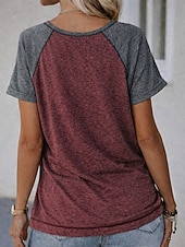  Damen T-Shirt Farbblock Knöpfe Vintage Stilvoll Lässig Kurzarm V Ausschnitt Normale Oberteile Täglich Ausgehen Schwarz Wein Sommer Frühling