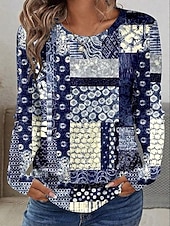 economico Maglietta Arte &amp; Design-Per donna Maglietta Stampato Grafico Geometria Vintage Elegante Moderno Manica Lunga Girocollo Top Regolari Quotidiano Weekend Blu Rosso Estate Primavera