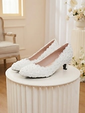 abordables novia-Zapatos de tacón bajo con cuentas de marfil para mujer, elegantes zapatos de novia para bodas en la ciudad.