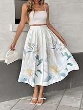 cheap Vacation Skirts-Women's Vacation Skirt Fashion Casual Midi High Waist Skirts Floral Print Micro-elastic Daily Street Beige Spring Polyester