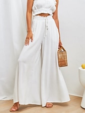 preiswerte weites Bein und hohe Taille-Damen Weites Bein Chinos Urlaub Mode Streetwear Volle Länge Hohe Taille Einfach Tasche Elastischer Bund Bequem Komfort Weich Dehnbar Outdoor Straße Schwarz Weiß Dunkelgrün Orange Sommer Frühling