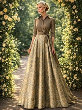 halpa Lattian pituus-A-linja Kokopitkä Paitamekko Häävieraspuku Muodollinen mekko Morsiammen äidin asu Pitkähihainen Paitapuserokaula-aukko Tyylikäs Vintage Häät Muodollinen Nylon kanssa Kukkapainatus Rusetti(rusetit