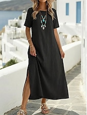 abordables Vestidos-Mujer Vestido maxi 100% Algodón Vestido de verano Vestido blanco vestido de playa Básico Casual Diario Exterior Holgado Plano Media Manga Cuello Barco Ejercito verde Negro Blanco Vino Verano