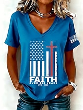  Independensdagen Patriotiska Kvinnor T-shirt Tryck Grafisk Flagga Vintage Stylistisk Klassisk Kortärmad V-Hals Reguära Toppar Dagligen Blå Svart Vit Rosa Sommar Vår