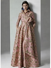 halpa A-linjaiset iltapuvut-A-linja Kokopitkä Iltapuku Tyylikäs Kimalteleva Silkkinen Pitkähihainen Paitapuserokaula-aukko Puutarhajuhlat Häät Tasku Jakardi kanssa Kukkapainatus Rusetti(rusetit) Halkio