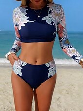 tanie Zestawy bikini-Damskie Stroje kąpielowe Bikini 2 szt Majtki Kostium kąpielowy Szczupła Odkryte plecy Urlop Stroje plażowe Kwiaty Okrągły dekolt Długi rękaw Kostiumy kąpielowe