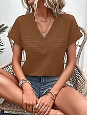 baratos Camiseta lisa-Mulheres Camiseta T-shirt Côr Sólida Moda à moda Clássico Manga Curta Decote V Tops regulares Diário Para Noite Final de semana Rosa Verde Tropa Vermelho Marron Verde Verão Primavera