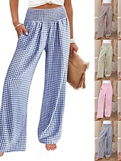 cheap Wide Leg &amp; High Waisted-Women's Wide Leg Chinos Vacation Fashion Streetwear Full Length High Waist Plaid Pocket Elastic Waistband Printing Comfy Comfort Soft Stretchy Daily Outdoor Street Blue Black Yellow Pink Spring Fall