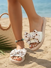 voordelige Vrouwen-Dames slippers met stippen en strik, met gevlochten touwzool – schattige instapschoenen voor strandvakanties, zomervakanties en bij het zwembad.