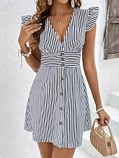 cheap Stripe&amp;Geometric Dress-Women's Mini Dress A Line Dress Summer Dress Casual Daily Regular Fit Striped Short Sleeve V Neck Black Yellow Pink Green Summer Spring