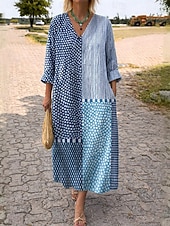 economico Abiti da vacanza-Abito Midi da Donna V Collo Maniche Lunghe Kaftan Leggero Comodo A Line Abito Casual Boho Uscita Grafica Geometrica Strisce Maniche Lunghe V Collo Arancione Rosso Nero Giallo Rosa