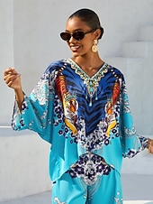 cheap Shirts,Tops &amp; Blouses-Indigo Tigress Silky Satin  Vacation Top
