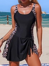 Χαμηλού Κόστους Κουνιέ-Γυναικεία Μαγιό Ενα κομμάτι Μαγιό-φόρεμα Μαγιό Έλεγχος κοιλιάς Ψηλή Μέση Λεπτό Εξώπλατο Διακοπές Ρούχα παραλίας Λεοπάρ Ταινία Λαιμός σέσουλα Αμάνικο Μαγιό