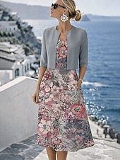 cheap Floral Dress-Women's Dress Set A Line Dress Elegant Vacation Floral Graphic Layered Print Midi Dress Half Sleeve Crew Neck Daily Yellow Pink Gray Summer Spring Regular Fit