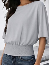  Per donna Maglietta Arricciato in vita Tinta unica Elegante Casual Manica Corta Manica a pipistrello Girocollo Top Regolari Quotidiano Uscire Nero Bianco Verde Caffè Grigio Estate Primavera