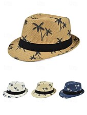 abordables Accesorios de vacaciones-Sombrero fedora de paja para hombre con estampado de palmeras, ligero y transpirable, tejido para verano, disponible en varios colores, estilo informal de resort para vacaciones en la playa en primavera y uso diario.