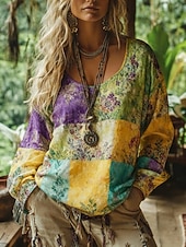preiswerte Boho Tops-Damen Boho-T-Shirt T Shirt T-Shirt Druck Blumen Farbblock Vintage Ethnisch Lässig Langarm V Ausschnitt Lange Oberteile Täglich Wochenende Urlaubskleidung Gelb Purpur Sommer Frühling Herbst