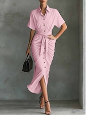cheap Plain Dress-Women's Midi Dress A Line Dress Summer Dress Vacation Casual Regular Fit Plain Short Sleeve V Neck Blue Pink Red Green Summer Spring