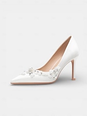 levne Nevěsta-Dámské bílé špičaté boty na vysokém podpatku s květinovou výšivkou - elegantní svatební lodičky pro městské svatby