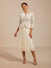 tanie Zestawy sukienkowe-Zestawy sukienek damskich, marynarka, wygodna, haftowana, z cekinami, elegancka, kwiatowa, formalna, zapinana z przodu na guziki, regularny okrągły dekolt, regularny krój, rękawy 3/4, odzież