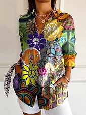 abordables Blouses Florales-Femmes Chemise Faux coton lin Boutons Imprimé Fleuri Graphique Bohème Actif Occasionnel manche longue Col de chemise Hauts Réguliers Quotidien Fête Vert Été Printemps Automne