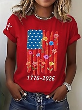  Onafhankelijkheidsdag Amerikaanse Jubileum Patriottische Dames T-shirt Print Grafisch Letter Amerikaanse Vlag Stijlvol Klassiek Casual Korte Mouw Crew Neck Reguliere Tops Dagelijks Blauw Zwart Wit