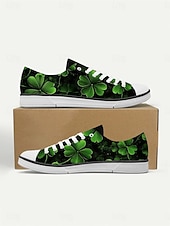 billiga Kvinno skor-Låga sneakers i canvas med grönt klövertryck för dam, St. Patrick's Day - klassiska snörskor för vardagsbruk, irländsk parad, julfest och gatufestival &amp;vardagskläder