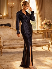 economico Lunghezza del pavimento-Tubino Colonna Abito Lunghezza al pavimento Abito da invitata a nozze Abito Formale Abito da sera Abito da cerimonia per signora Manica Lunga Colletto a Camicia Elegante Semplice Formale Raso Italia