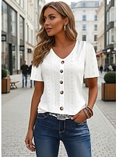 olcso Csipkés felsők-Női Pointelle ing Fűzőlyuk felső Gombok Napi Rövid ujjú V-alakú Normál felsők Hétköznapi Napi Tengerpart Hamvaszöld Fekete Fehér Arcpír rózsaszín Égszínkék Nyár