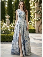 cheap A-Line Evening Dresses-A-Line Floor Length Evening Gown Elegant Daily Sleeveless V Neck Wedding Formal Satin with Pleats Slit Print