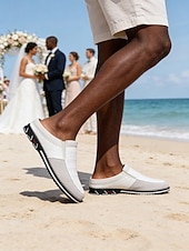 cheap Loafers-Men's Faux Leather White Slip-On Loafers, Comfortable and Stylish, Perfect for Beach Wedding and Summer Events