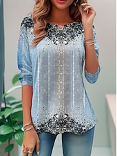 Недорогие Бохо футболка-Женская футболка Boho с градиентным графическим рисунком винтажная мода стильная с длинными рукавами обычный воротник повседневная выходная печать фиолетовая летняя весенне-осенняя