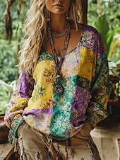 preiswerte Boho Tops-Damen Boho-T-Shirt T Shirt T-Shirt Druck Blumen Farbblock Vintage Ethnisch Lässig Langarm V Ausschnitt Lange Oberteile Täglich Wochenende Urlaubskleidung Gelb Purpur Sommer Frühling Herbst