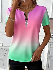 preiswerte Kunst &amp; Design T-Shirt-Damen T Shirt Reißverschluss Ombre Grafik Stilvoll Klassisch Lässig Kurzarm Rundhalsausschnitt Lange Oberteile Täglich Sport Wochenende Blau Gelb Rosa Purpur Grün Sommer Frühling