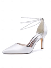 Недорогие Невеста-Женские серебристые атласные туфли на каблуке с острым носком и жемчужными ремешками на щиколотке, элегантные свадебные туфли для пляжной свадьбы.