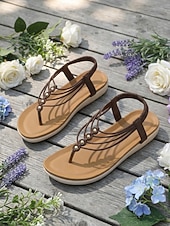 baratos Sandálias Confortáveis-Sandálias femininas de dedo com tiras e palmilha acolchoada, sandálias rasteiras com tira elástica no calcanhar, estilo casual e confortável para o verão, ideais para caminhadas, férias, praia e