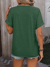 cheap Plain Blouses-Women's T Shirt Tee Top Buttons Plain Fashion Stylish Classic Short Sleeve V Neck Regular Tops Daily Going out Weekend Black Pink Sky Blue Fuchsia Green Summer Spring