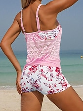 billiga Tankinis-Dam Badkläder Tankini 2 st Shorts Baddräkt Magkontroll Hög midja Smal Öppen rygg Semester Standkläder Blommig Rundhals Ärmlös Baddräkter
